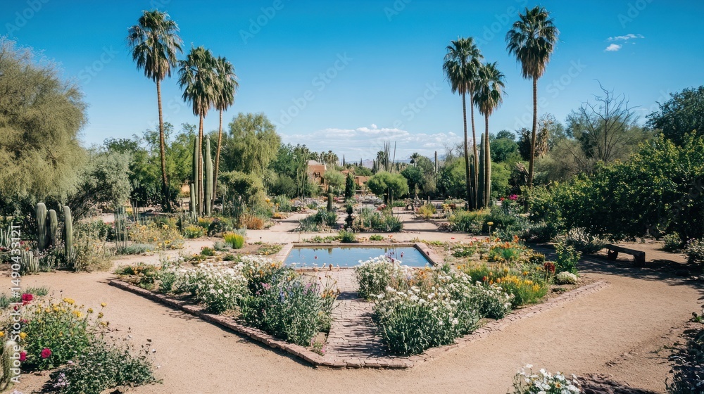 Obraz premium Sunny desert garden with palms, flowers, and a pond