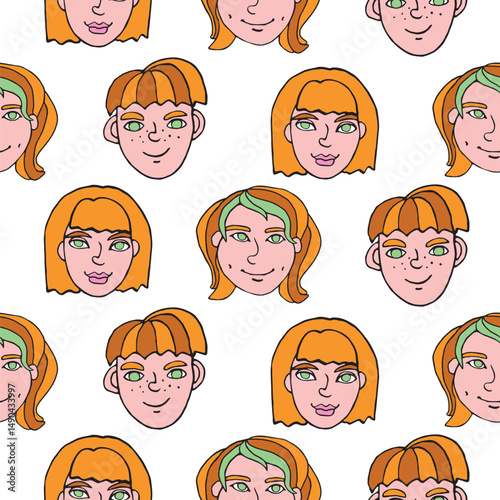 Vector colorful seamless pattern with cartoon faces, heads of kids, boys and girls. Childish fun cute texture backdrop. Hand drawn color bright illustration. Irish Redhead Convention