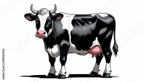 A black and white dairy cow, a bovine mammal often found in rural agriculture, stands on a white background