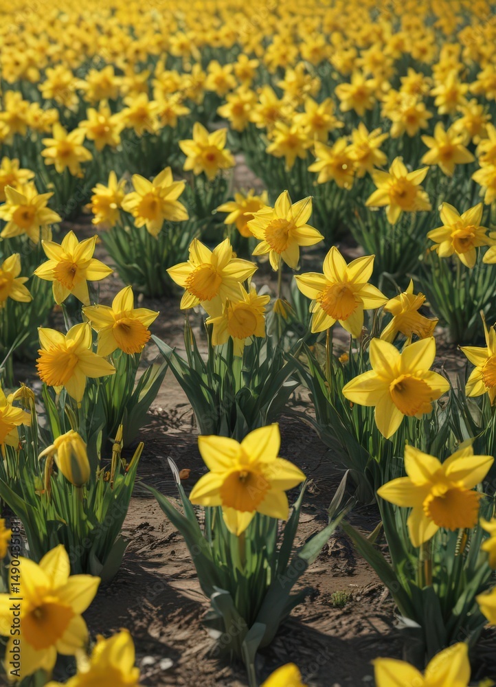 Fototapeta premium Sunlit field of vibrant yellow daffodils in full bloom, petals glistening , meadow, vibrant