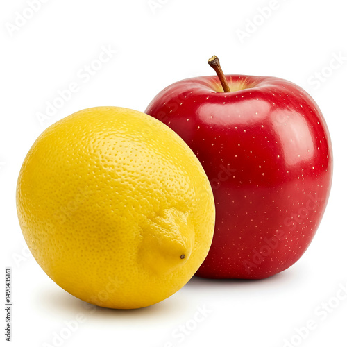 Fresh lemon and red apple resting side by side on a clean white background in bright light