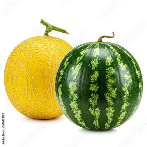 Fresh yellow melon and green watermelon arranged together on a white background for display or sale