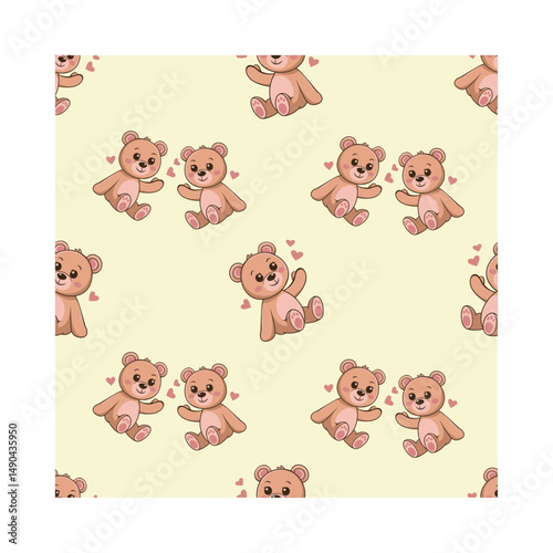 Delightful seamless pattern featuring charming teddy bears surrounded by tiny hearts on a gentle cream backdrop. Ideal for baby shower invitations, children’s room decor, playful stationery