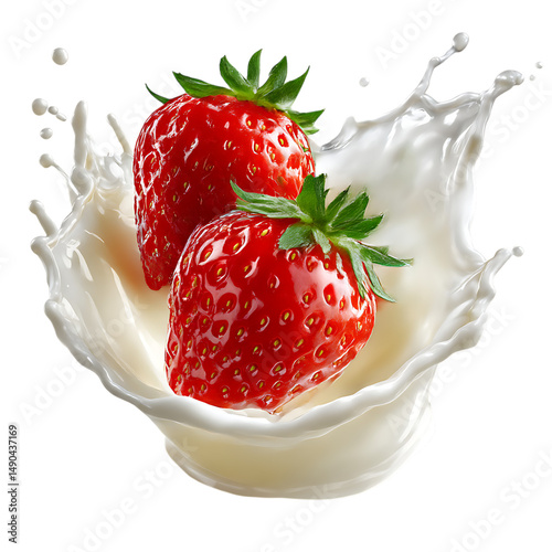 A vibrant image showing two ripe red strawberries splashing into a creamy liquid, isolated against a clean png background