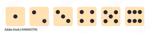 Set of six dice faces showing numbers one to six in a clean row on white background, ideal for counting, math, probability, logic games, and educational materials