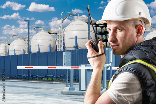 Security worker with radio ...