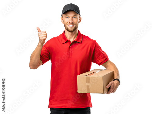 Reliable Delivery: A friendly delivery person in uniform offers a thumbs-up while holding a package, embodying efficiency, reliability, and excellent customer service.