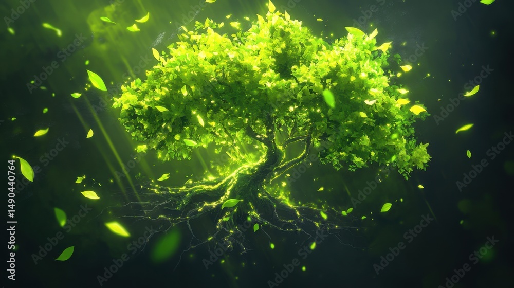 Fototapeta premium Green Tree with Glowing Roots and Falling Leaves