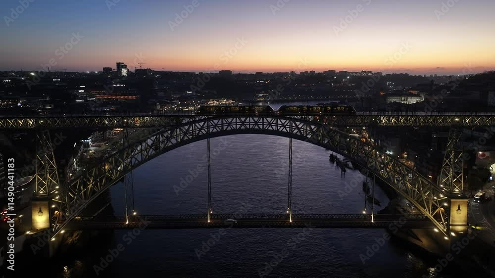 Sunset Dom Luis I Bridge At Porto District Of Porto Portugal. Scenic Railway Station And Skyscrapers From Above. Building Landscape Birds View Vibrant. Industry Urban Flyover. Sunset Dom Luis I Bridge At Porto District Of Porto Portugal. Scenic Railway Station And Skyscrapers From Above. Building Landscape Birds View Vibrant. Industry Urban Flyover.