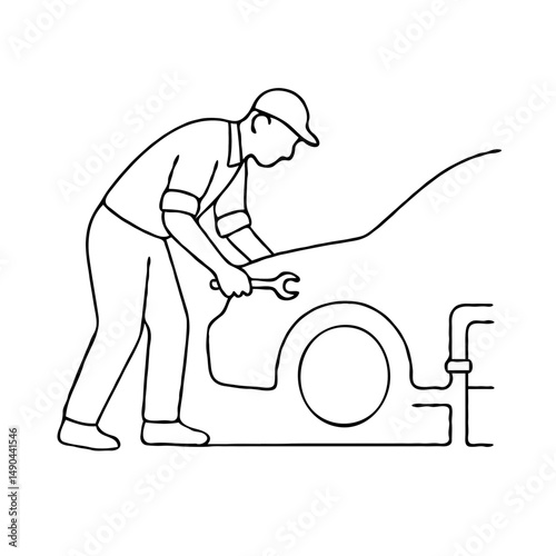 Mechanic repairing car with wrench in minimal line art style