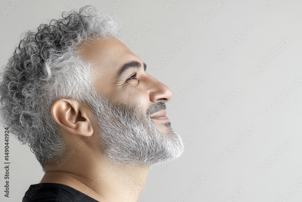 Obraz premium Pure white solid background. Creative of style for aging men. Trendy men's edgy haircut - midlife middle eastern man with curly hair. A refined and stylish man with a natural look.