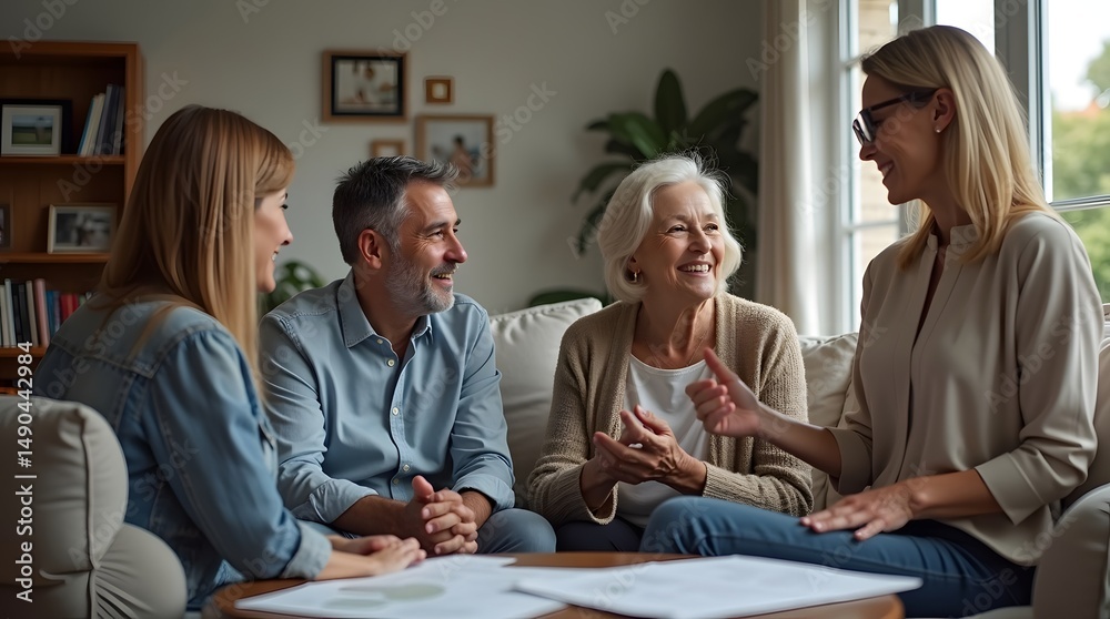 Obraz premium A joyful group of four adults, both men and women, engaging in a lively discussion in a cozy living room.
