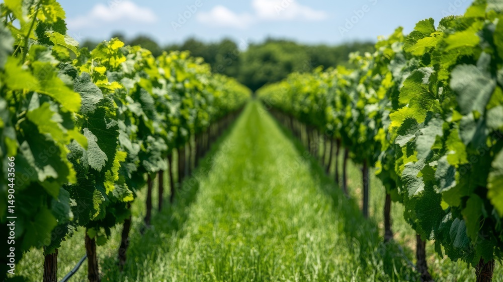 Naklejka premium Lush Vineyard Rows Under Clear Blue Sky with Bright Green Foliage and Vibrant Landscape