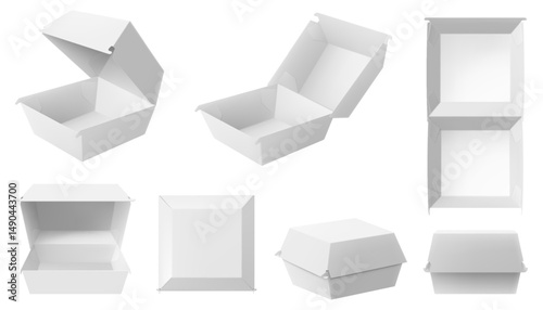 Open and closed blank paper lunch box for hamburger, sandwich or other fastfood, isolated on white background. Realistic 3d Vector illustration , packaging template.