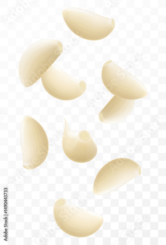 Falling garlic, isolated on transparent background, selective focus. Flying garlic cloves with blurry effect. Can be used for advertising, packaging, banner, poster. Realistic 3d vector illustration