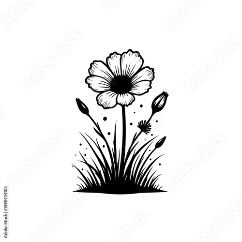 Elegant botanical illustration of a blossoming flower with accompanying buds