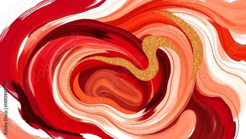 Luxurious red and gold abstract with swirling marble-like patterns. Elegant, vibrant, and artistic fluid design.