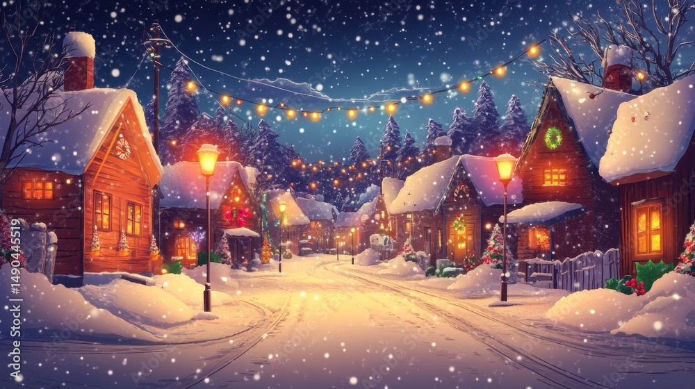 Fototapeta premium Snowy winter village scene at night with illuminated houses, street lights, Christmas decorations, and falling snow. Festive holiday background with a cozy and inviting atmosphere.