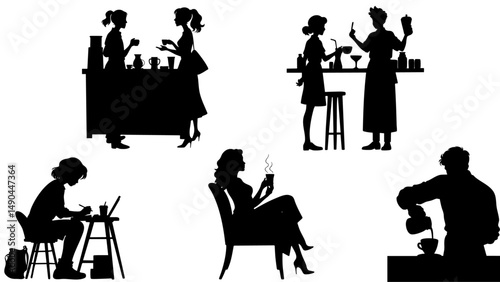 Café People Silhouettes of Coffee Shop Lifestyle Vector Set