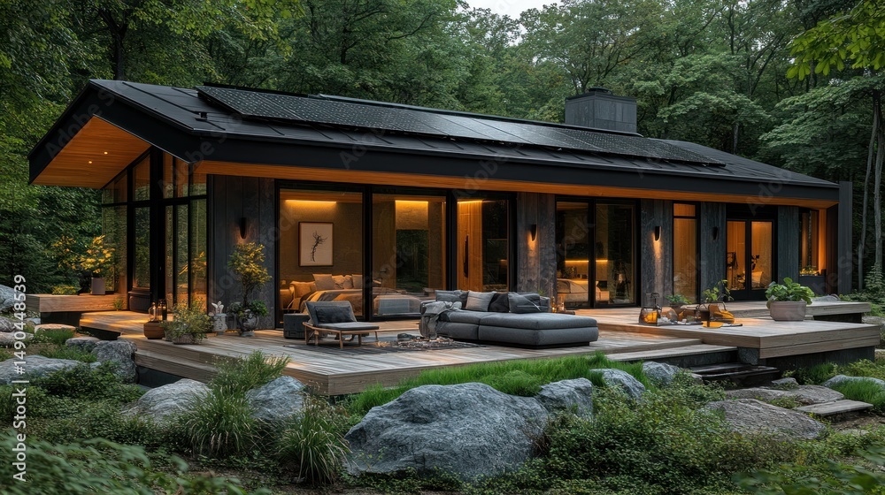 Modern Eco-Friendly Cabin nestled in a lush forest, showcasing stunning architecture and serene atmosphere. Modern Eco-Friendly Cabin nestled in a lush forest, showcasing stunning architecture and serene atmosphere.