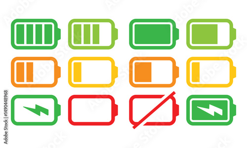 Set of vertical battery level indicators in percentage. Battery indicator symbols. 0-100 percent. design Vector illustration