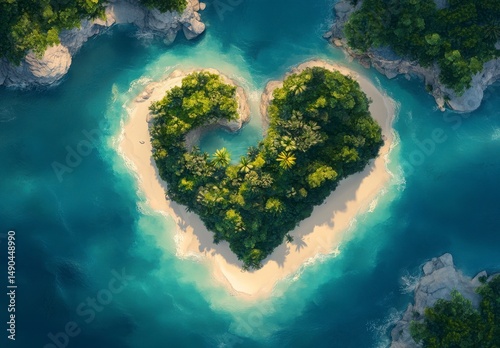 Aerial View of Heart Shaped Tropical Island Paradise