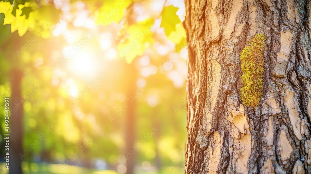 Obraz premium Sunlight filtering through trees, highlighting a textured tree trunk