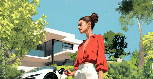 Woman Charging Her Electric Car at a Modern Home Surrounded by Nature, Embracing Sustainable Living. Generated image