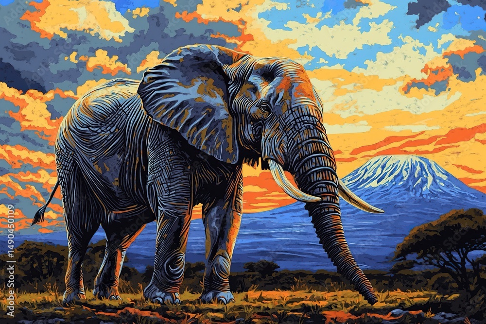 Fototapeta premium A majestic elephant stands against the backdrop of Mount Kilimanjaro at sunset, with beautiful clouds in the sky and an African savannah landscape in the background. The focus is on the elephant's