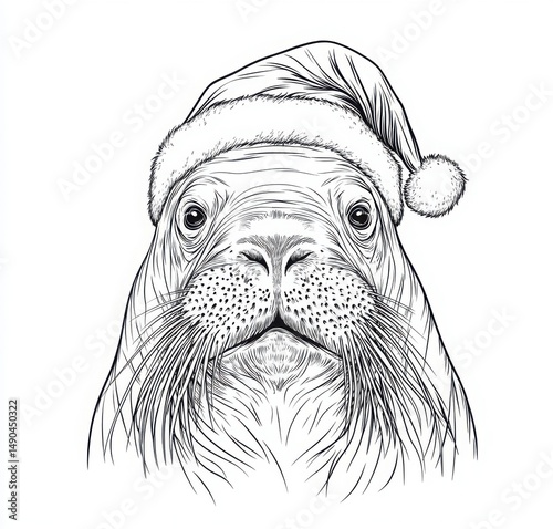 A Black And White Illustration Of A Sea Cow Wearing A Holiday Hat
