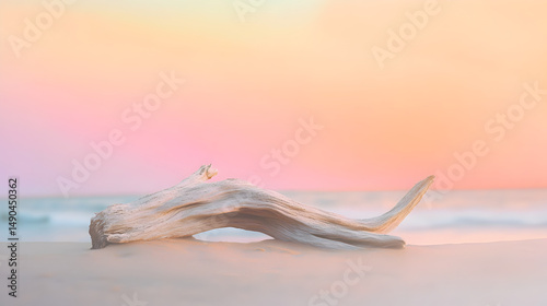 Fototapeta Naklejka Na Ścianę i Meble -  Driftwood on a sandy beach with a pastel sunset sky creating a serene and peaceful atmosphere