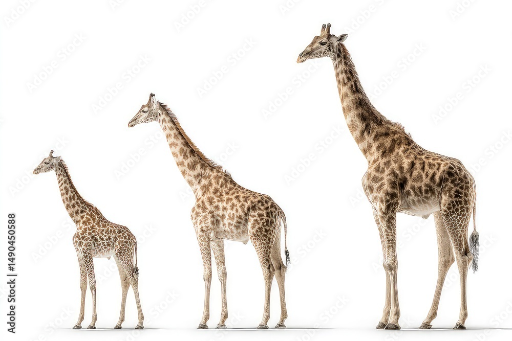 Obraz premium Giraffes in multiple positions isolated on white background comprehensive wildlife reference for anatomy, texture, and perspective