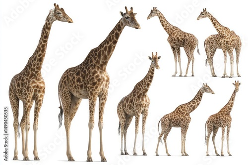 Giraffes in multiple positions isolated on white background comprehensive wildlife reference for anatomy, texture, and perspective