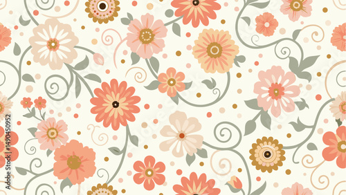 Charming floral pattern design for various uses. This vibrant, seamless floral pattern features a variety of soft peach, blush pink, and orange flowers on a white background.