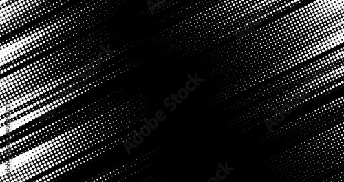 4k black and white tones halftone background. Dynamic circles dots fading diagonal over a dark backdrop. Modern sport abstract design. Loop animation. Animated texture of dots pattern. Dotted gradient