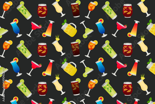 Seamless repeating pattern of cocktails on a dark background. Vector illustration.