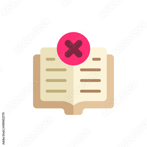 Red cross mark overlaying a light brown stylized book icon with text display