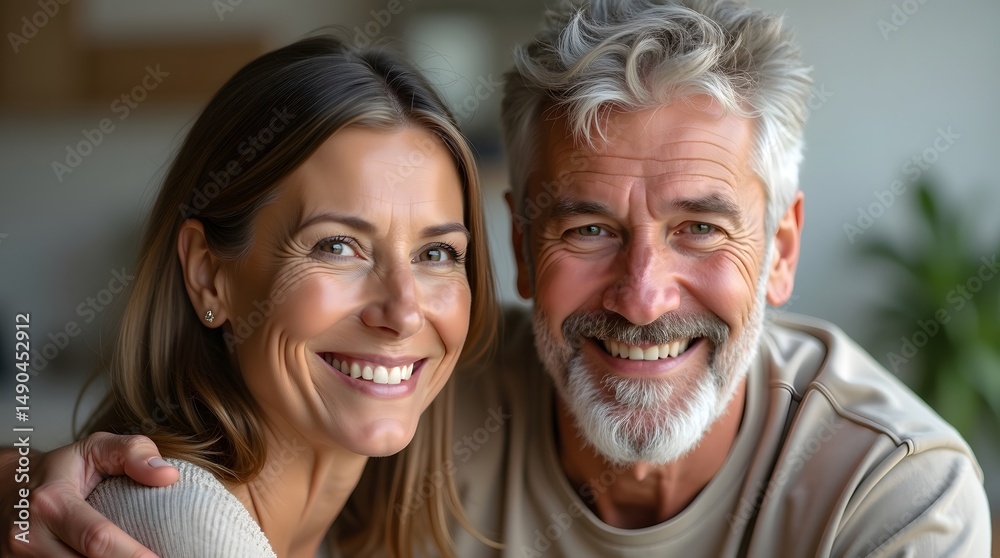 A joyful middle-aged couple, smiling together, showcasing a warm connection in a bright, inviting atmosphere. A joyful middle-aged couple, smiling together, showcasing a warm connection in a bright, inviting atmosphere.