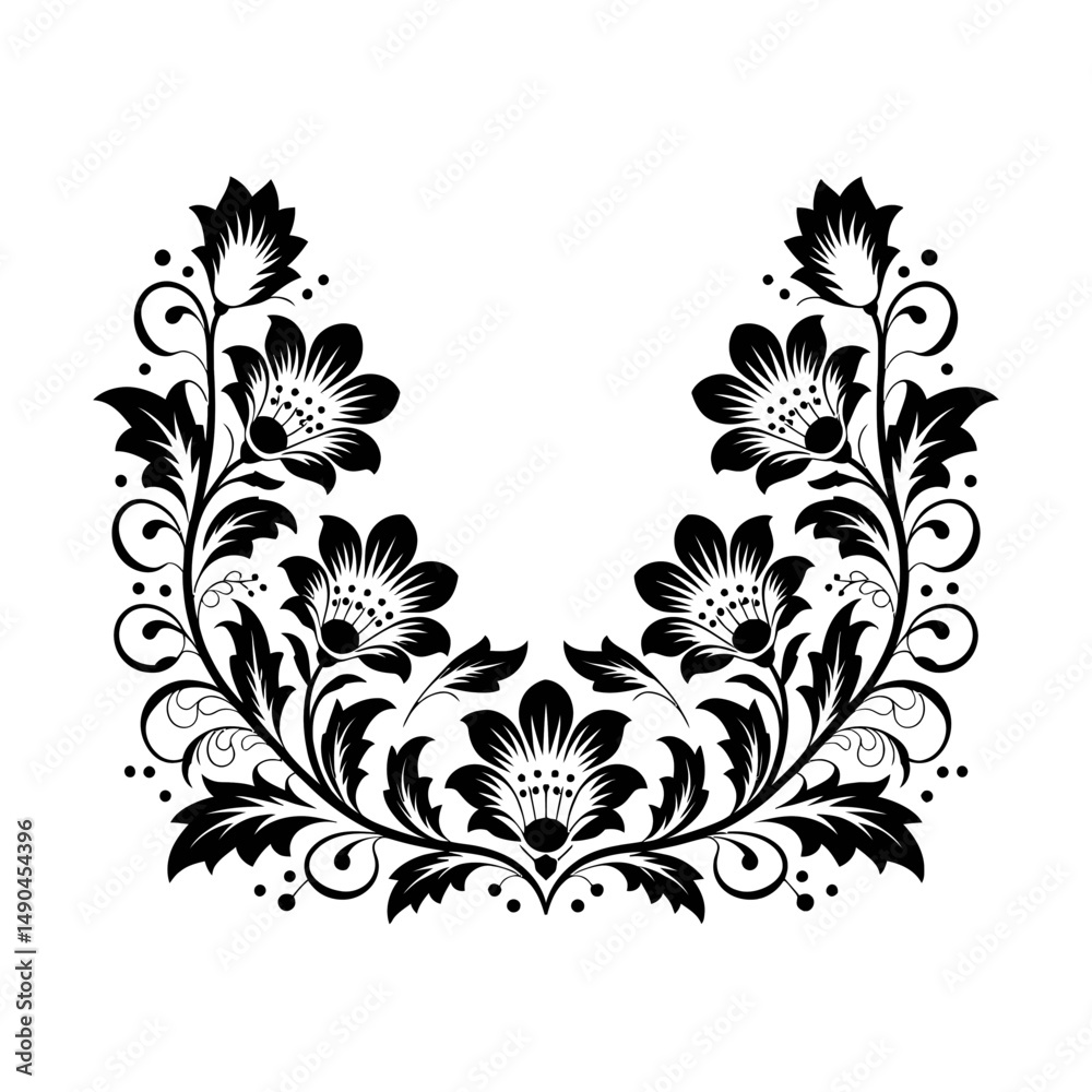 Elegant black floral motifs are intricately arranged in a symmetrical curve Elegant black floral motifs are intricately arranged in a symmetrical curve