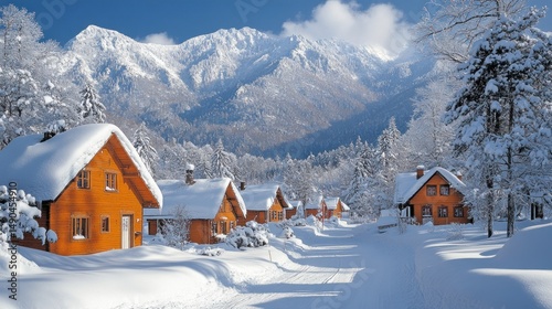Snowy Mountain Village Winter Wonderland: Charming Cabins Nestled in a Breathtaking Alpine Setting