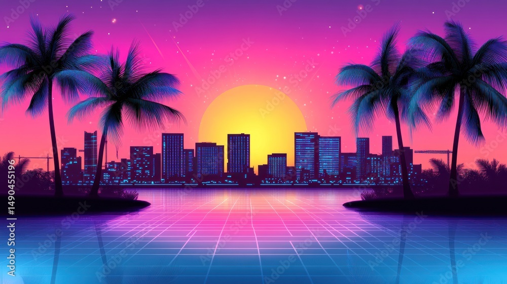 Naklejka premium Retro futuristic city skyline at sunset with palm trees and vibrant colors