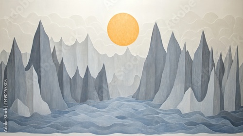 Misty mountain range over a placid sea, painted in muted blues and grays