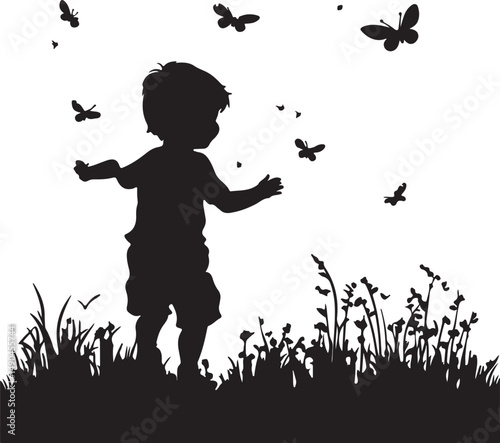 Silhouette of a Child Chasing Butterflies in a Meadow: Black and White Vector Illustration of a Boy Playing Outdoors in Nature