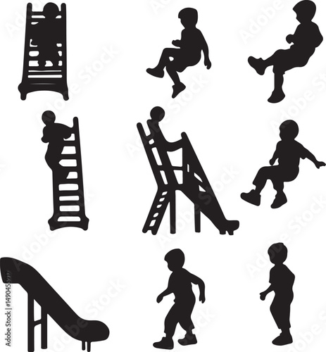 Silhouette Playground Fun: Children Playing on Slide, Ladders, and Swings - Vector Illustration for Kids Activities and Recreation Design