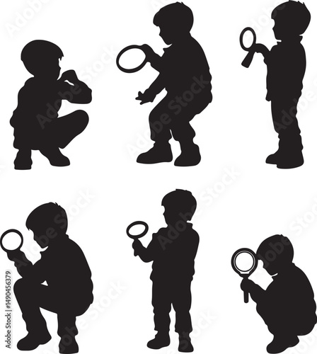 Silhouette Vector Art: Child Exploring with Magnifying Glass | Black and White Illustration of Young Boy Investigating Nature