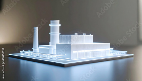 Futuristic Digital Factory Model: Blue Illuminated Structure on Dark Background