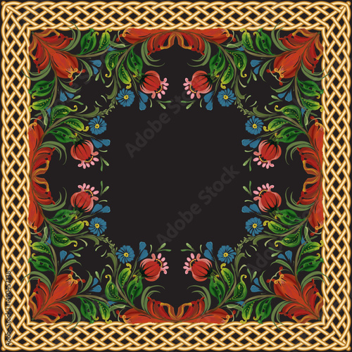 Scarf floral vector pattern from flowers and gold braided belts frame on a black background
