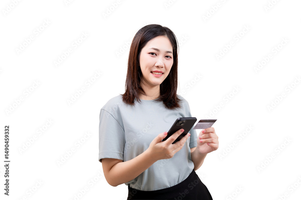 Asian young beautiful woman is holding a smartphone and a credit card, smiling confidently. Asian young beautiful woman is holding a smartphone and a credit card, smiling confidently.