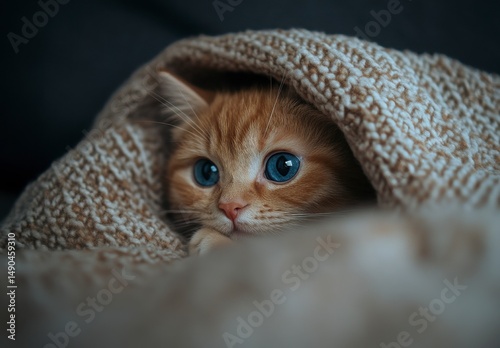 Adorable Orange Tabby Kitten Resting Under A Knitted Blanket