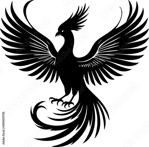 The powerful black silhouette of a phoenix is displayed with its wings spread wide, sharp talons extended, a crested head held high, and long, stylized tail feathers curling below